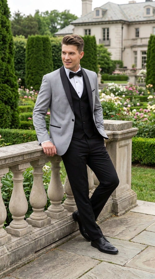 Men’s Grey and Black 3-Piece Prom Tuxedo – Vested Wedding Suit with Black Shawl Lapel
