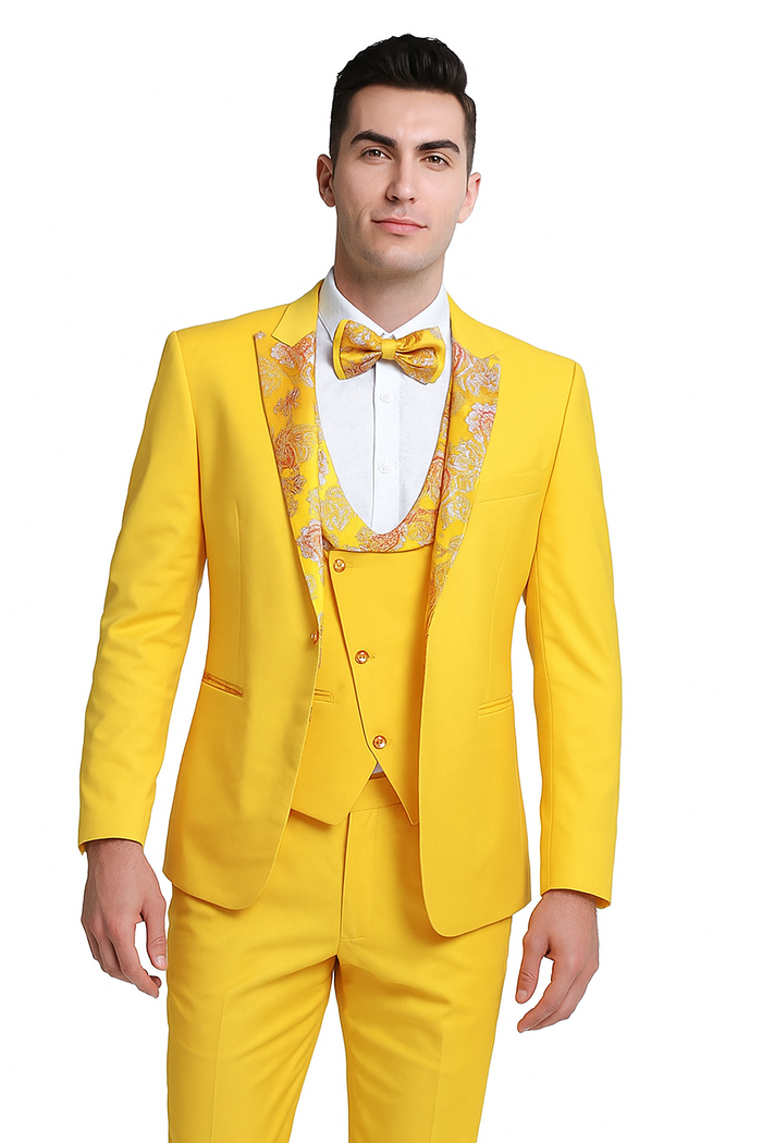 Radiant Golden Bloom Mens 3-Piece Suit with Floral Peak Lapel by USA Men's Outlet