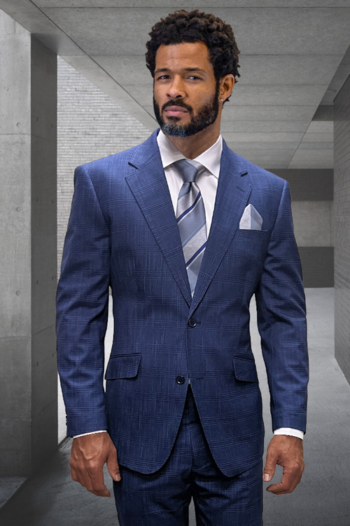 Men's Designer Wool Suit in Indigo Blue Plaid