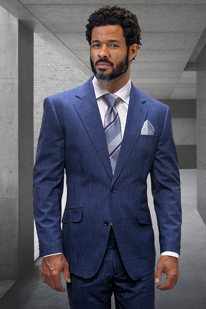 Men's Designer Wool Suit in Indigo Blue Plaid