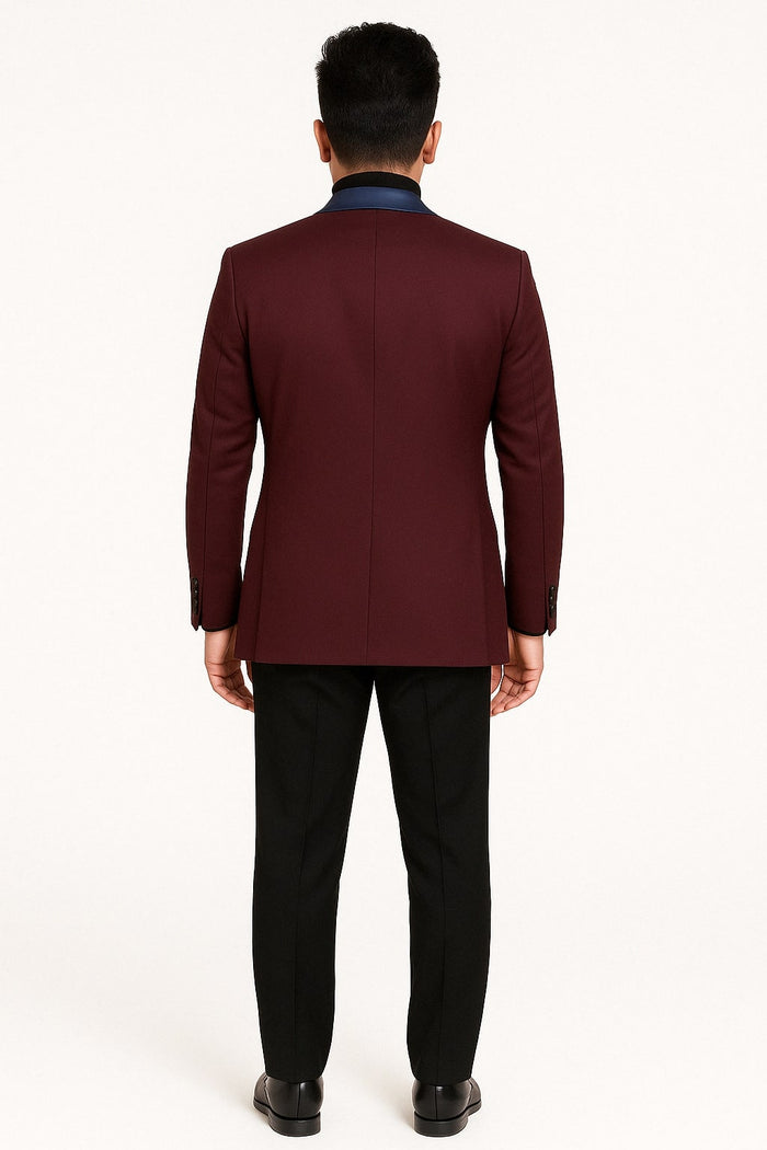 Mens Maroon Tuxedo Jacket with Blue Satin Shawl Lapel - Slim Fit Formal Blazer in Burgundy and Navy Blue by USA Men's Outlet