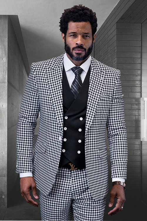 Men's Modern Fit Wool Suit in Black Micro Plaid