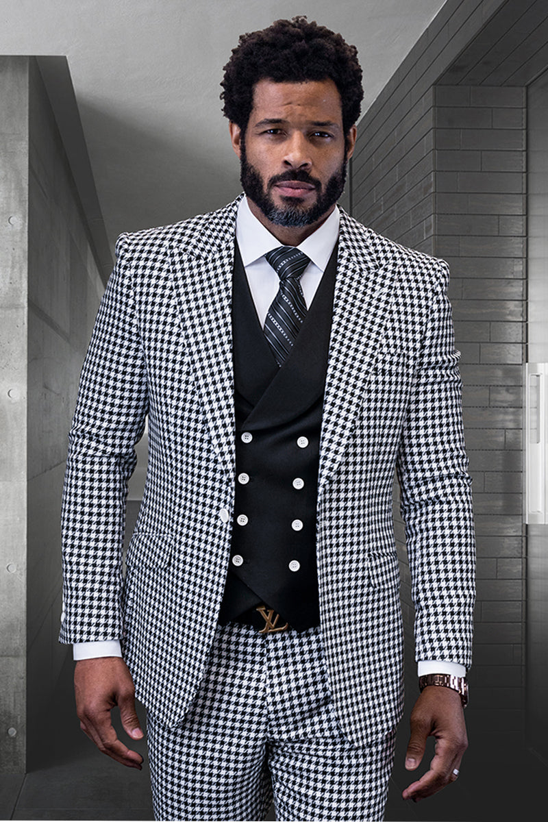 Men's Modern Fit Wool Suit in Black Micro Plaid – SuitUSA