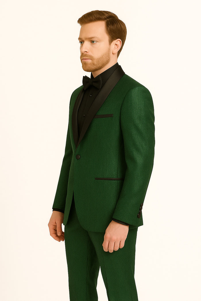 Men's Emerald Green Shiny Tuxedo with Black Satin Lapel and Matching Bow Tie - Ultra Slim Fit by USA Men's Outlet
