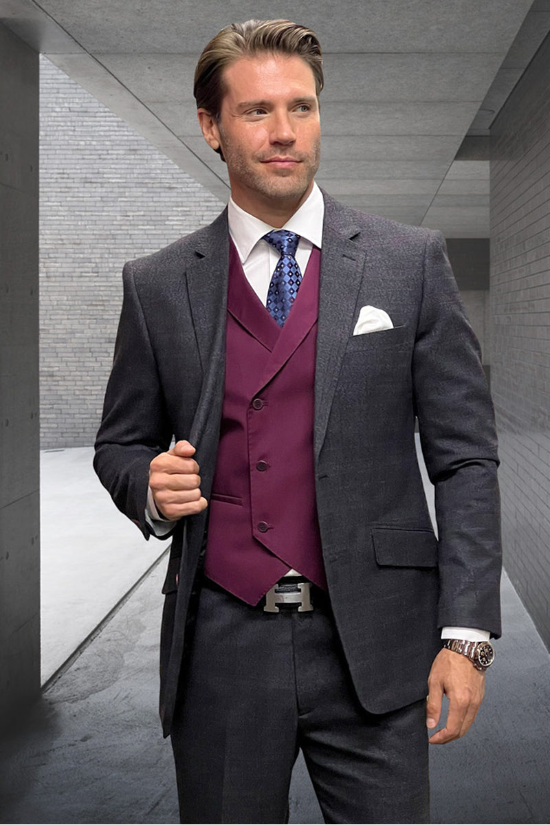 Men's Modern Fit Wool & Cashmere Plaid Business Suit in Charcoal Grey – SuitUSA