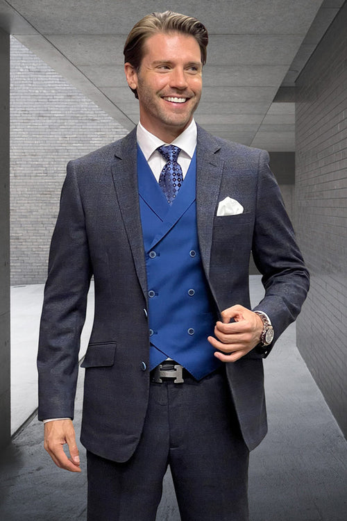 Men's Modern Fit Wool & Cashmere Plaid Business Suit in Sapphire Blue by Statement