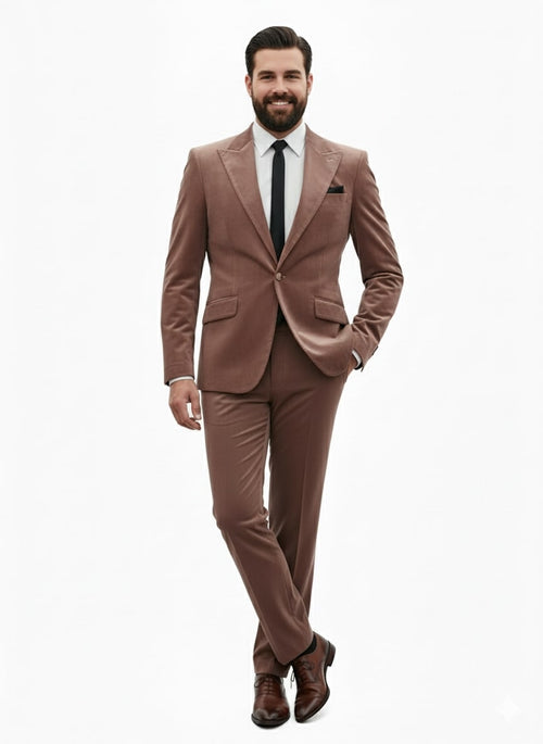 Mens Mauve Velvet Suit - 2 Piece Ultra Slim Fit Blazer and Pants Formal Set in Light Brown Tuxedo by USA Men's Outlet