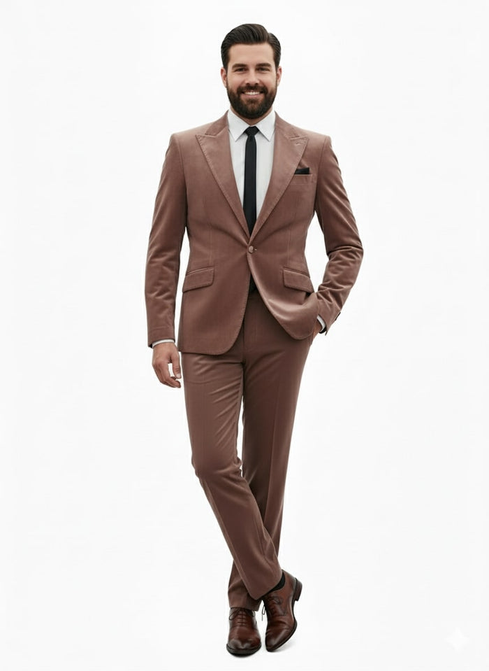 Mens Mauve Velvet Suit - 2 Piece Ultra Slim Fit Blazer and Pants Formal Set in Light Brown Tuxedo by USA Men's Outlet