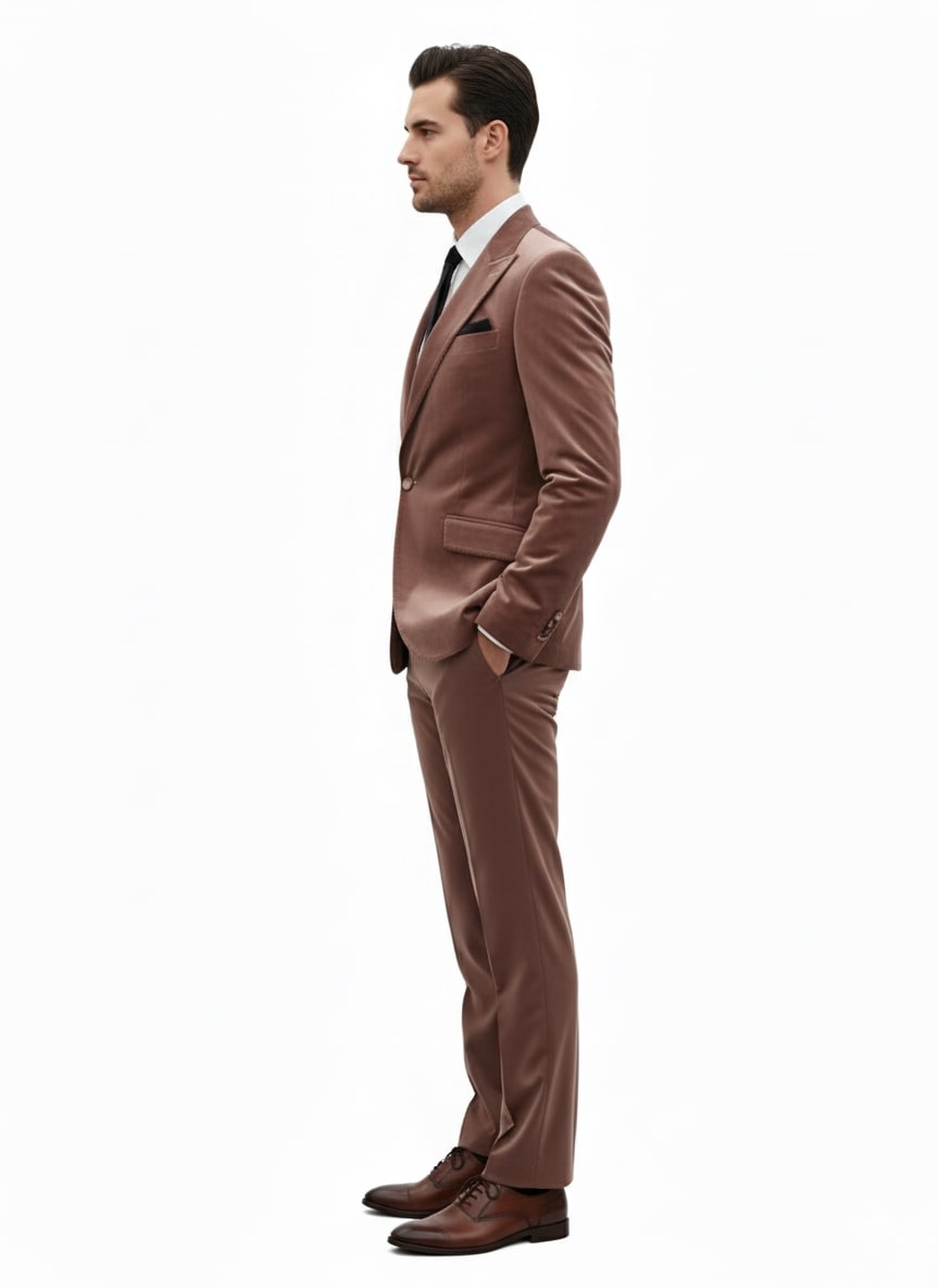 Mens Mauve Velvet Suit - 2 Piece Ultra Slim Fit Blazer and Pants Formal Set in Light Brown Tuxedo by USA Men's Outlet