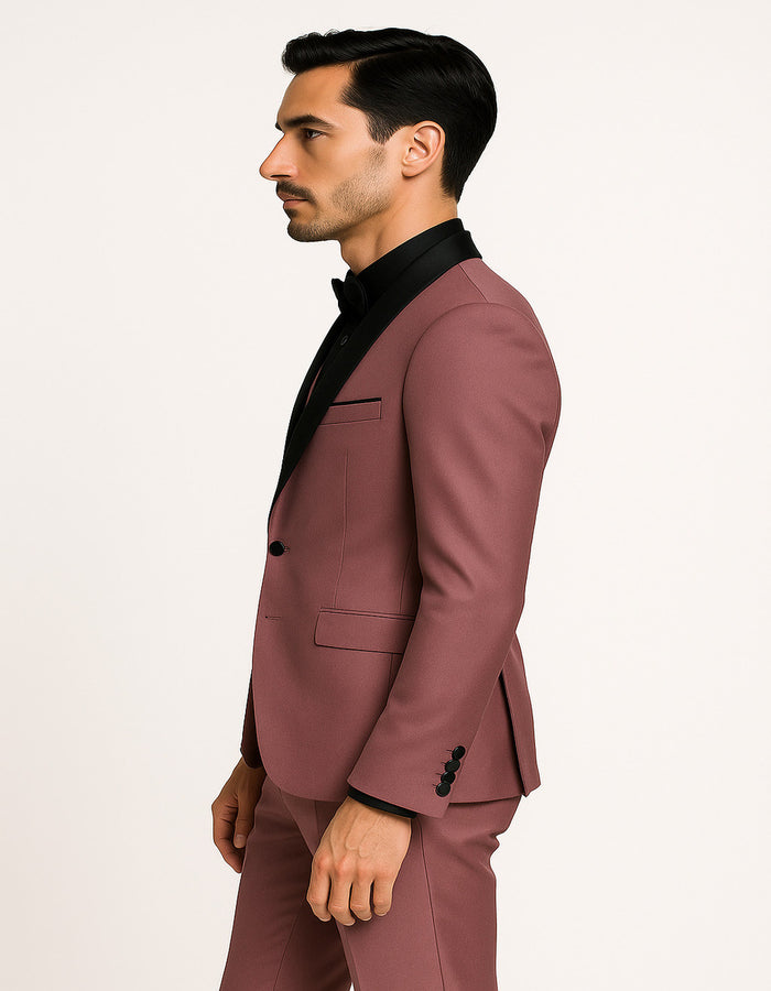Men's Mauve Pink Tuxedo Suit - 3-Piece Slim Fit with Black Satin Shawl Lapel by USA Men's Outlet