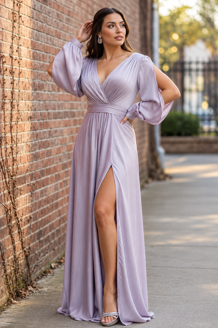 May Queen MQ1857 Split Long Sleeve High Slit Simple Evening Gown
