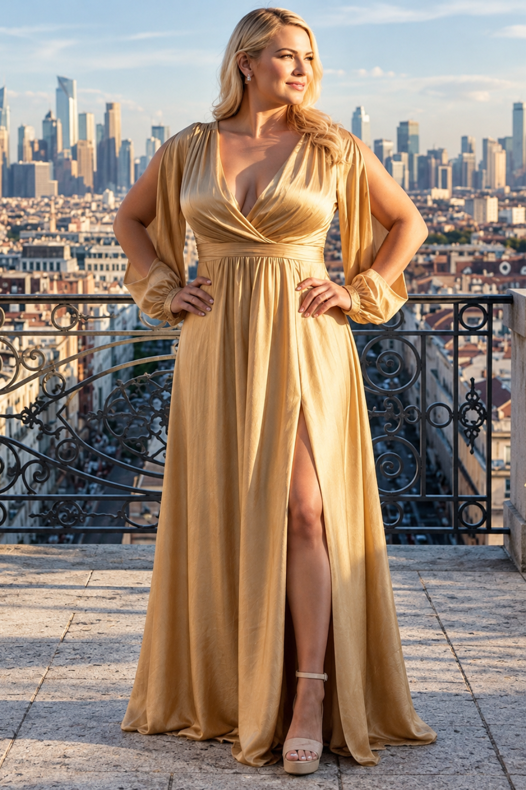 May Queen MQ1857 Split Long Sleeve High Slit Simple Evening Gown
