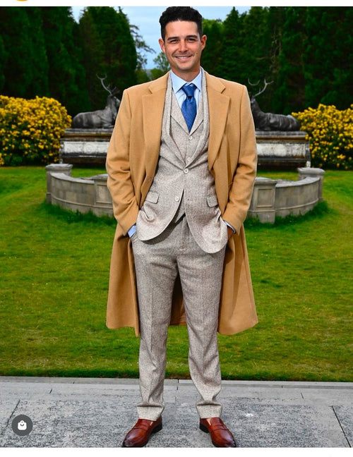 Great Gatsby Package - Mens Camel Overcoat with Beige Tweed 3-Piece Suit Combo 4 Items Formal Winter Outfit by USA Men's Outlet