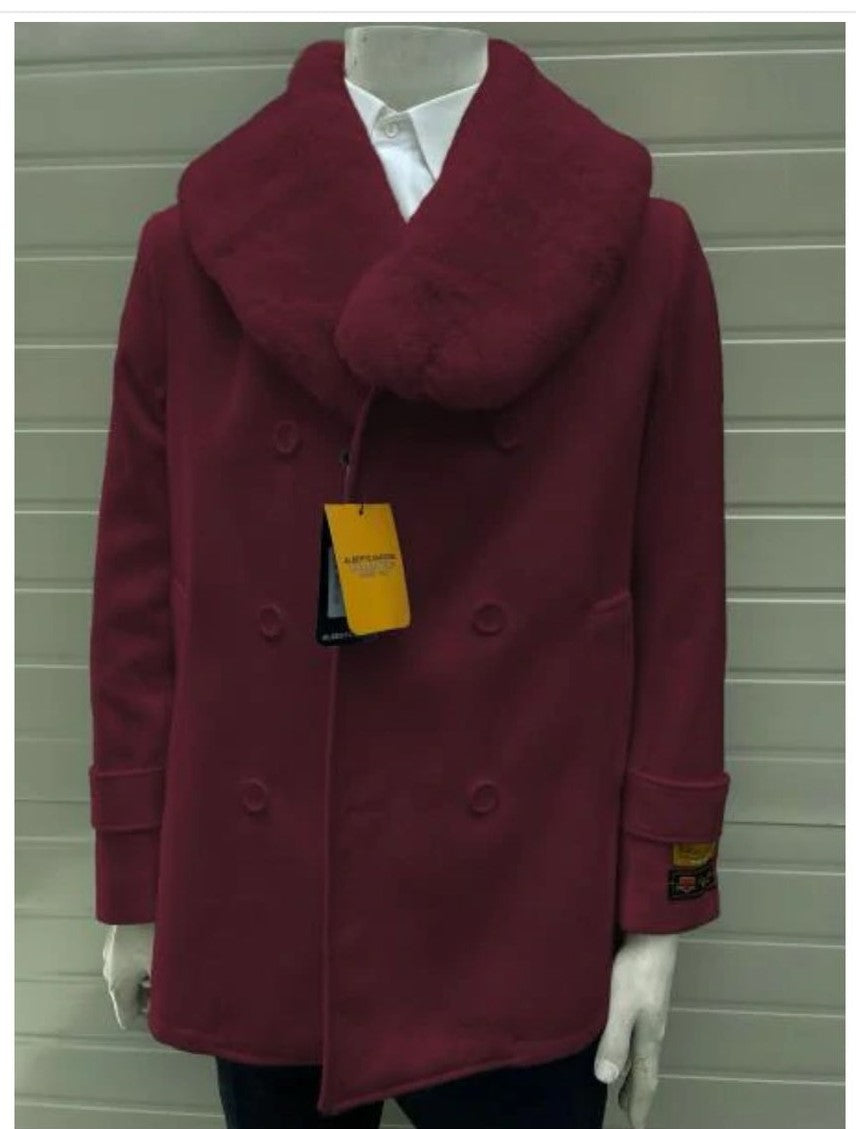 Men’s Burgundy Double-Breasted Overcoat with Faux Fur Shawl Collar – Alberto Nardoni Signature