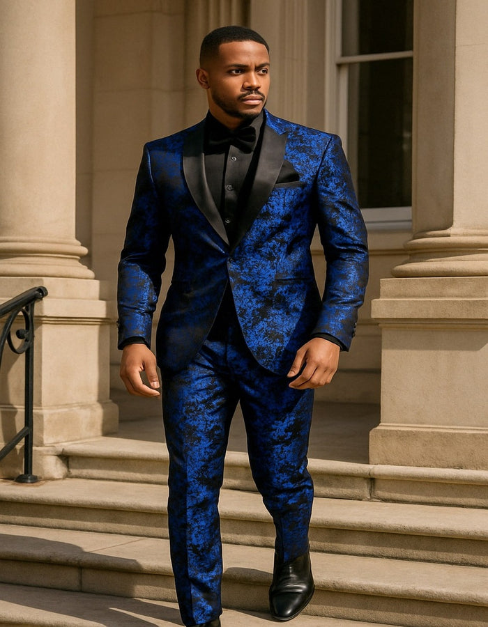 Men’s Royal Blue and Black Floral Tuxedo Suit - Slim Fit 2 Piece Formal Outfit with Matching Bow Tie by USA Men's Outlet