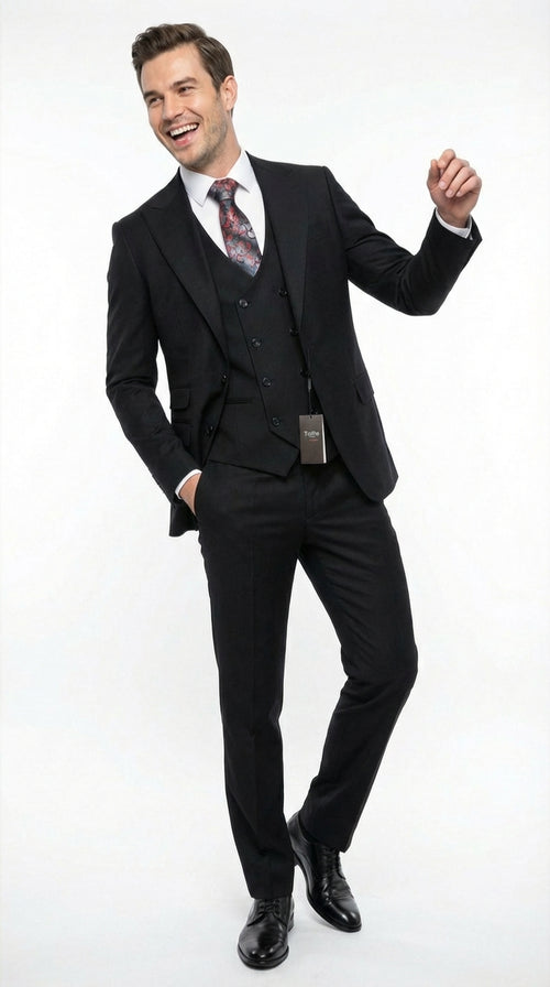 Tiglio Men’s Black 3 Piece Suit – Classic Formal Business Suit with Vest for Wedding and Special Occasion