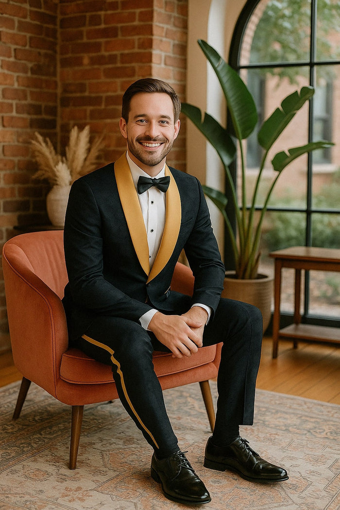 Men's Black and Gold Shawl Lapel Tuxedo with Jacquard Texture - Wedding & Prom Suit by USA Men's Outlet