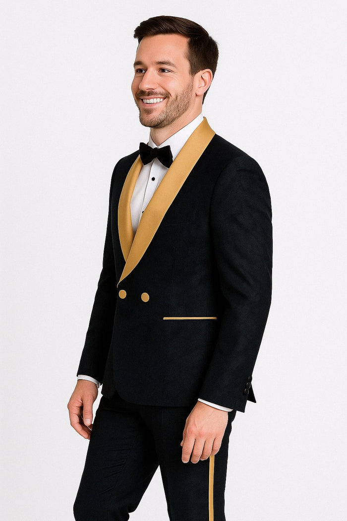 Men's Black and Gold Shawl Lapel Tuxedo with Jacquard Texture - Wedding & Prom Suit by USA Men's Outlet