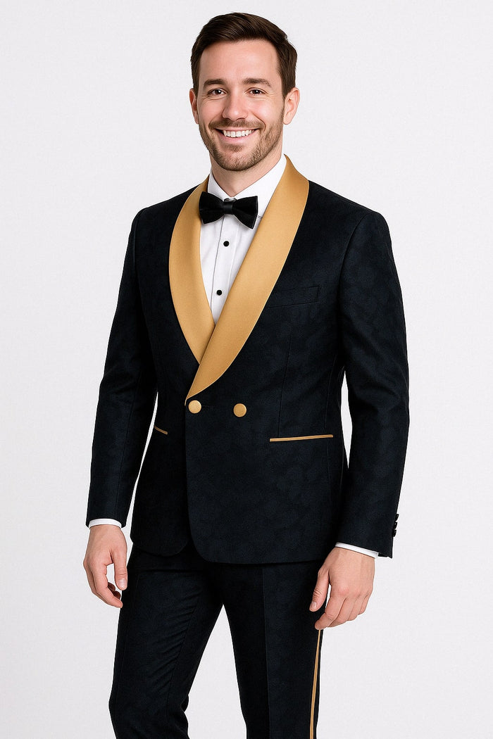 Men's Black and Gold Shawl Lapel Tuxedo with Jacquard Texture - Wedding & Prom Suit by USA Men's Outlet