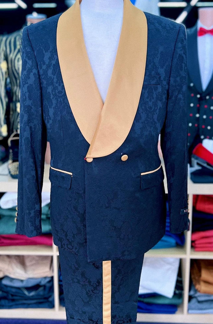 Men's Black and Gold Shawl Lapel Tuxedo with Jacquard Texture - Wedding & Prom Suit by USA Men's Outlet
