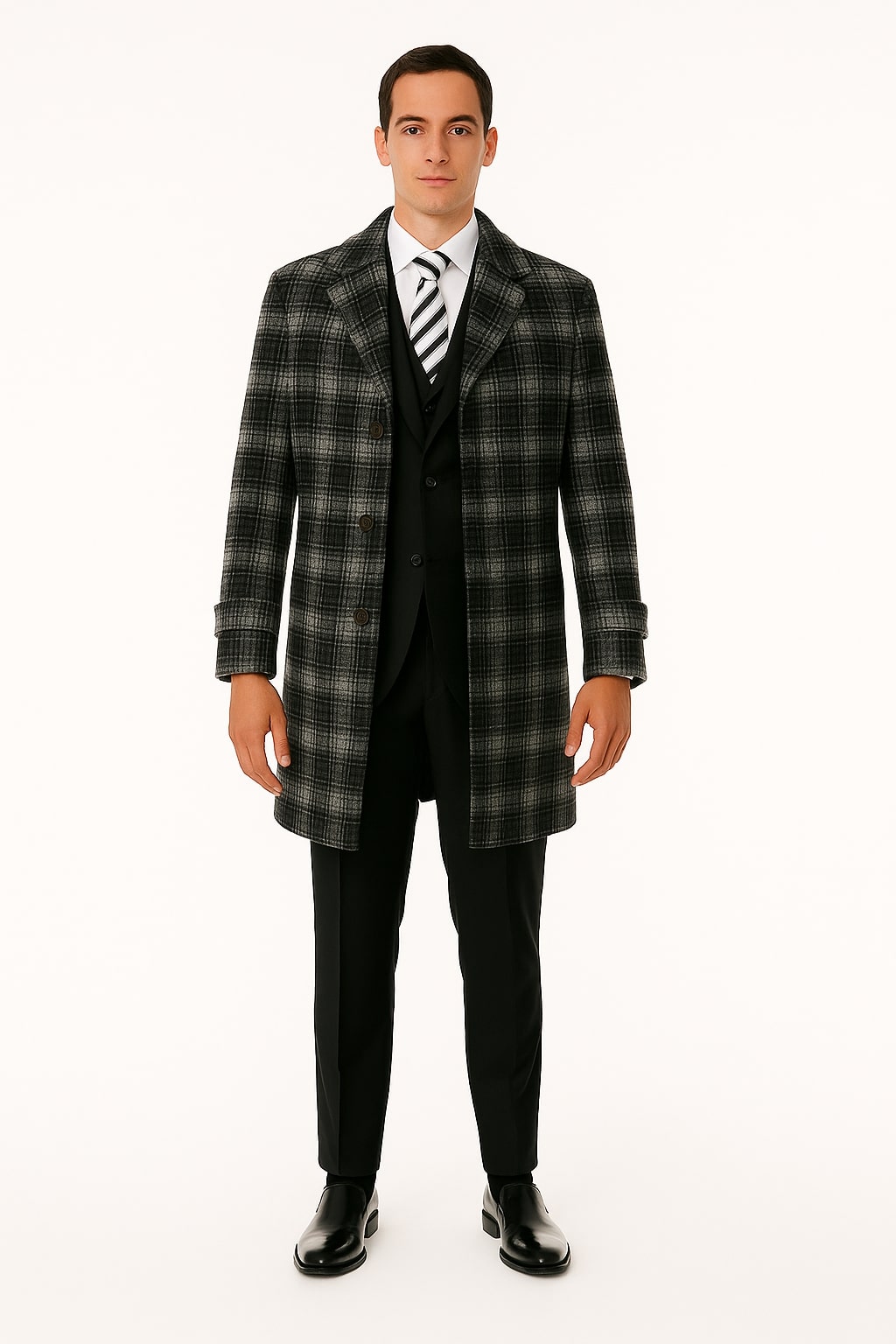 Men's Black and White Windowpane Plaid Overcoat - Classic Full Length Wool Blend Dress Coat by USA Men's Outlet
