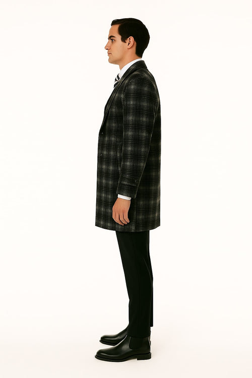 Men's Black and White Windowpane Plaid Overcoat - Classic Full Length Wool Blend Dress Coat by USA Men's Outlet