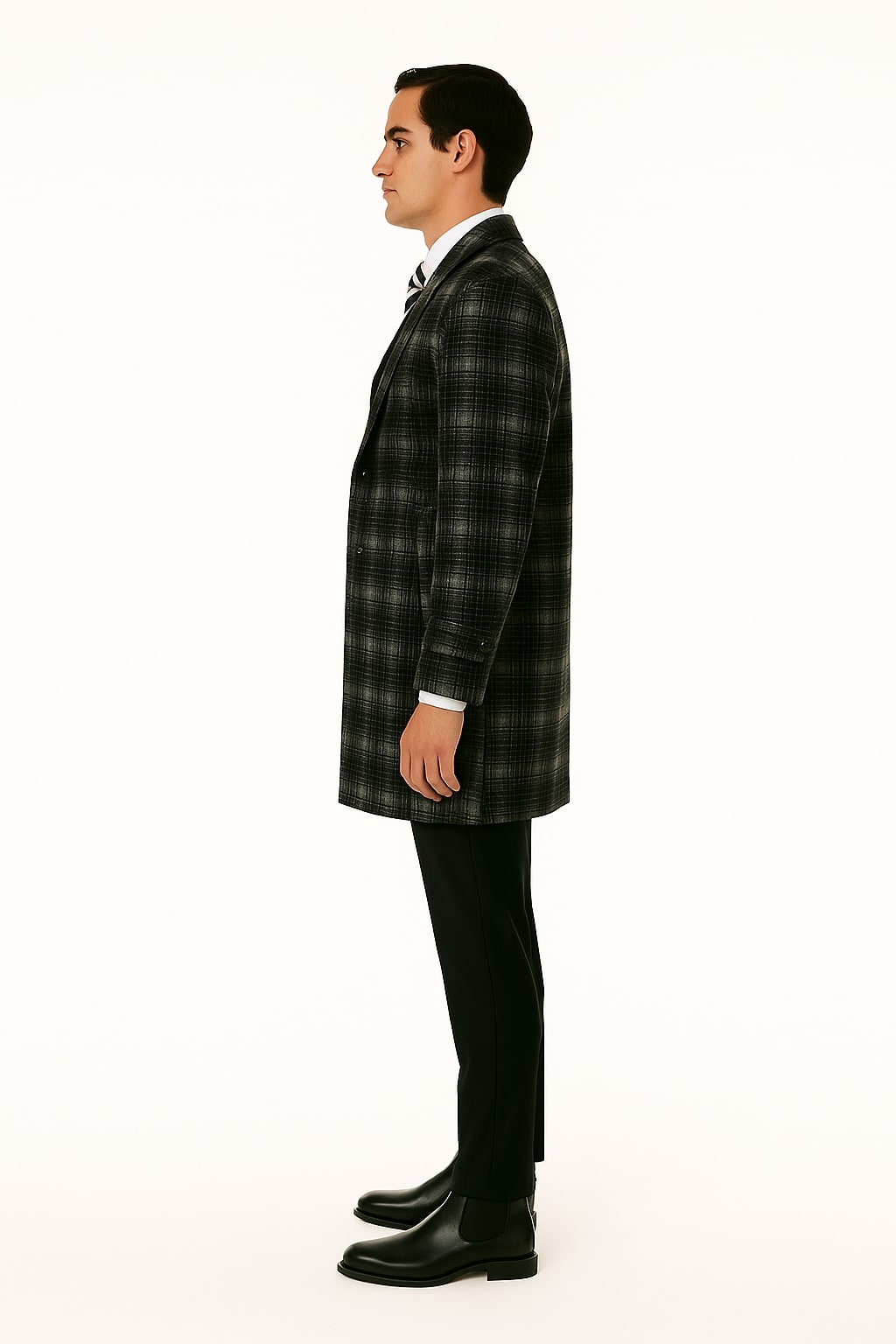 Men's Black and White Windowpane Plaid Overcoat - Classic Full Length Wool Blend Dress Coat by USA Men's Outlet