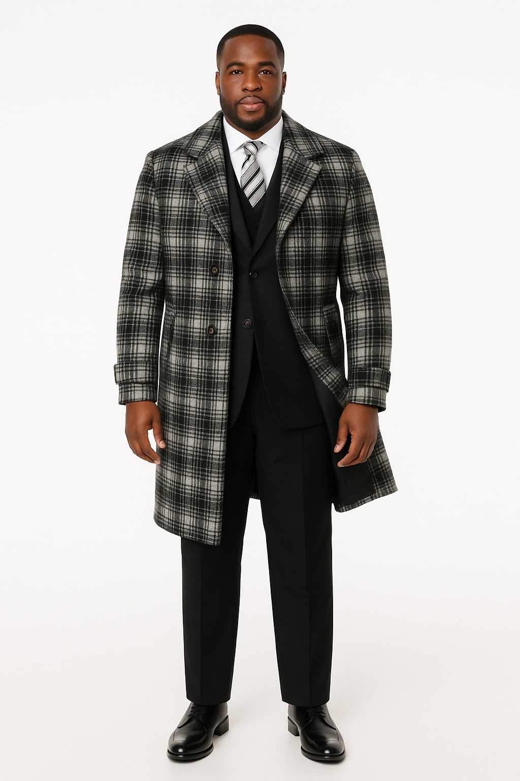 Men's Black and White Windowpane Plaid Overcoat - Classic Full Length Wool Blend Dress Coat by USA Men's Outlet