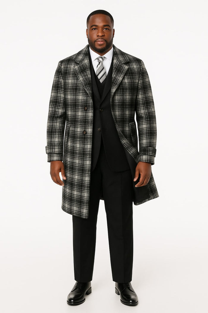 Men's Black and White Windowpane Plaid Overcoat - Classic Full Length Wool Blend Dress Coat by USA Men's Outlet
