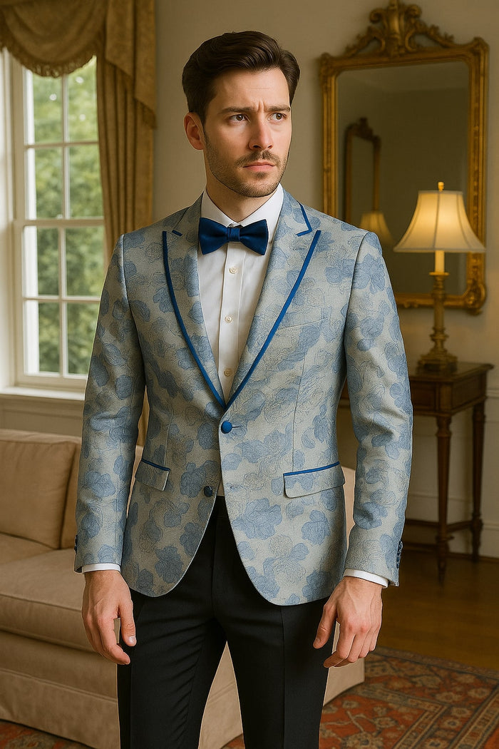 Men's Blue and Gray Tuxedo - Sky Blue Paisley Embroidered Dinner Jacket Jacket with Satin Trim and Matching Bow Tie by USA Men's Outlet
