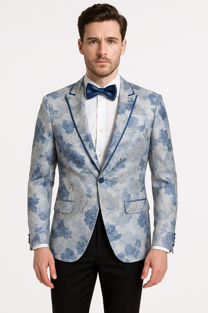 Men's Blue and Gray Tuxedo - Sky Blue Paisley Embroidered Dinner Jacket Jacket with Satin Trim and Matching Bow Tie by USA Men's Outlet