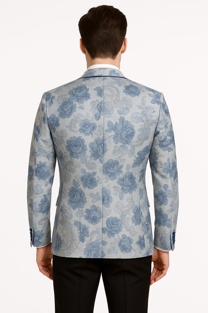 Men's Blue and Gray Tuxedo - Sky Blue Paisley Embroidered Dinner Jacket Jacket with Satin Trim and Matching Bow Tie by USA Men's Outlet