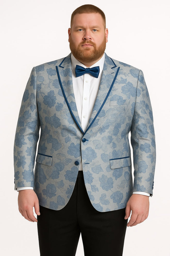 Men's Blue and Gray Tuxedo - Sky Blue Paisley Embroidered Dinner Jacket Jacket with Satin Trim and Matching Bow Tie by USA Men's Outlet