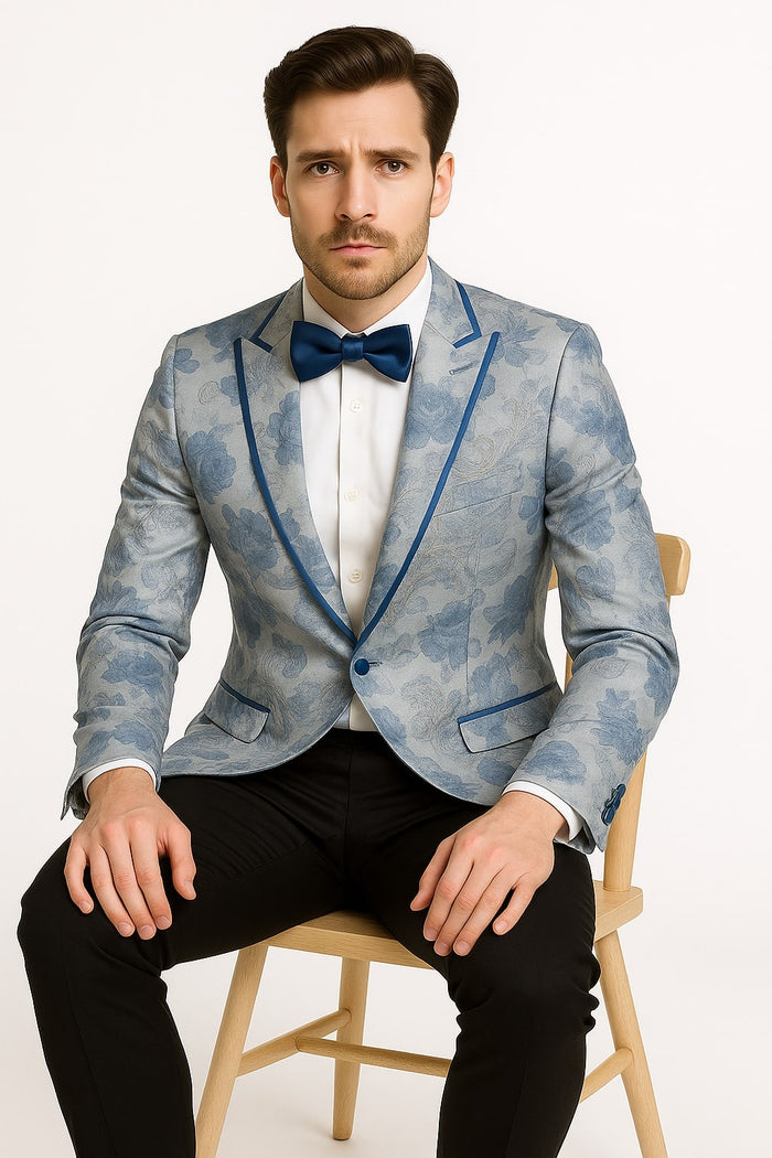 Men's Blue and Gray Tuxedo - Sky Blue Paisley Embroidered Dinner Jacket Jacket with Satin Trim and Matching Bow Tie by USA Men's Outlet