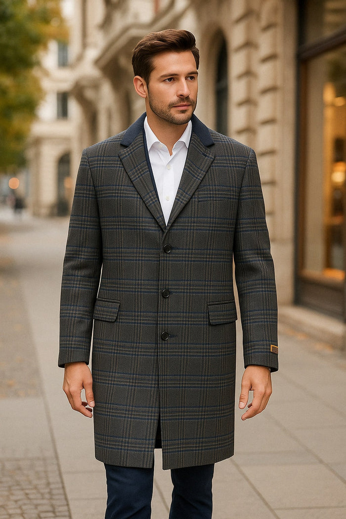 Men’s Blue and Grey Glen Plaid Wool Overcoat - Classic Long Winter Coat - Chesterfield Blue Collar by USA Men's Outlet