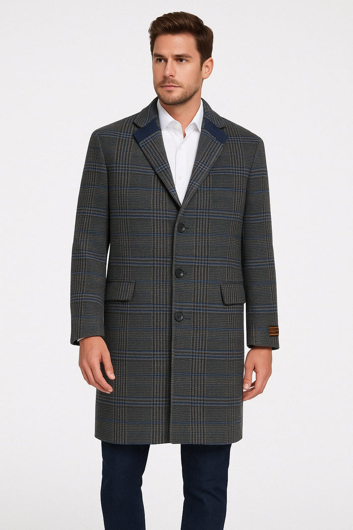 Men’s Blue and Grey Glen Plaid Wool Overcoat - Classic Long Winter Coat - Chesterfield Blue Collar by USA Men's Outlet