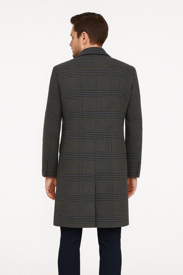 Men’s Blue and Grey Glen Plaid Wool Overcoat - Classic Long Winter Coat - Chesterfield Blue Collar by USA Men's Outlet