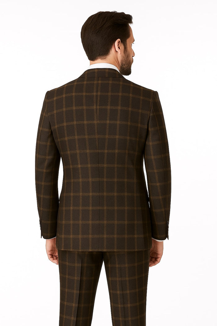 Men's Brown Plaid Double-Breasted Wool Suit - Classic Windowpane Two-Piece Formal Suit By Rossiman USA Men's Outlet