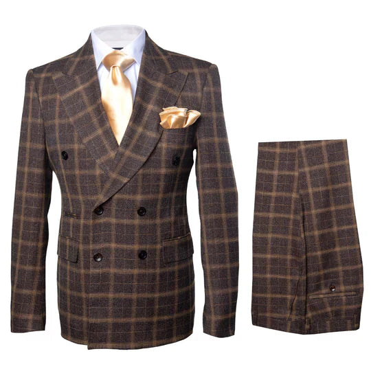 Rossiman Men’s Brown Windowpane Plaid Double-Breasted Wool Suit - Classic Formalwear by USA Men's Outlet