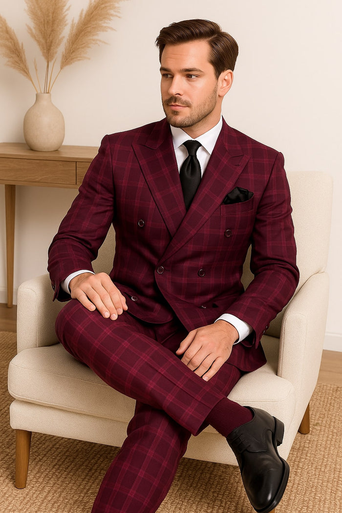Men's Burgundy Plaid Double-Breasted Suit - Classic Windowpane Formal Two-Piece Suit By Rossiman USA Men's Outlet