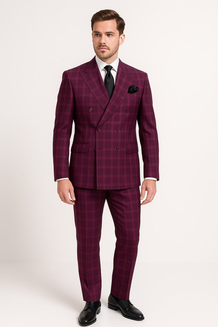 Men's Burgundy Plaid Double-Breasted Suit - Classic Windowpane Formal Two-Piece Suit By Rossiman USA Men's Outlet