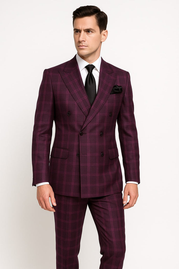 Men's Burgundy Plaid Double-Breasted Suit - Classic Windowpane Formal Two-Piece Suit By Rossiman USA Men's Outlet
