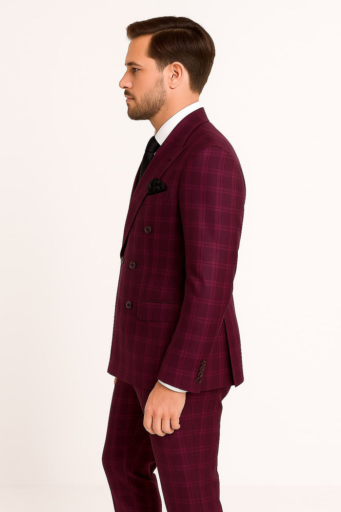 Men's Burgundy Plaid Double-Breasted Suit - Classic Windowpane Formal Two-Piece Suit By Rossiman USA Men's Outlet