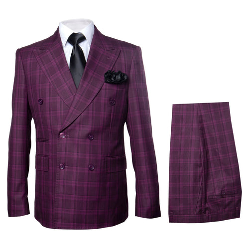 Men's Burgundy Plaid Double-Breasted Suit – Classic Windowpane Formal Two-Piece Suit By Rossiman