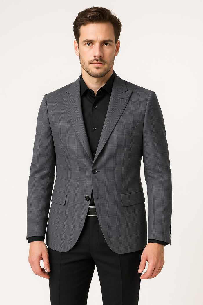 Men's Charcoal Grey Checkered Sport Coat - Classic Plaid Windowpane Pattern Blazer by USA Men's Outlet