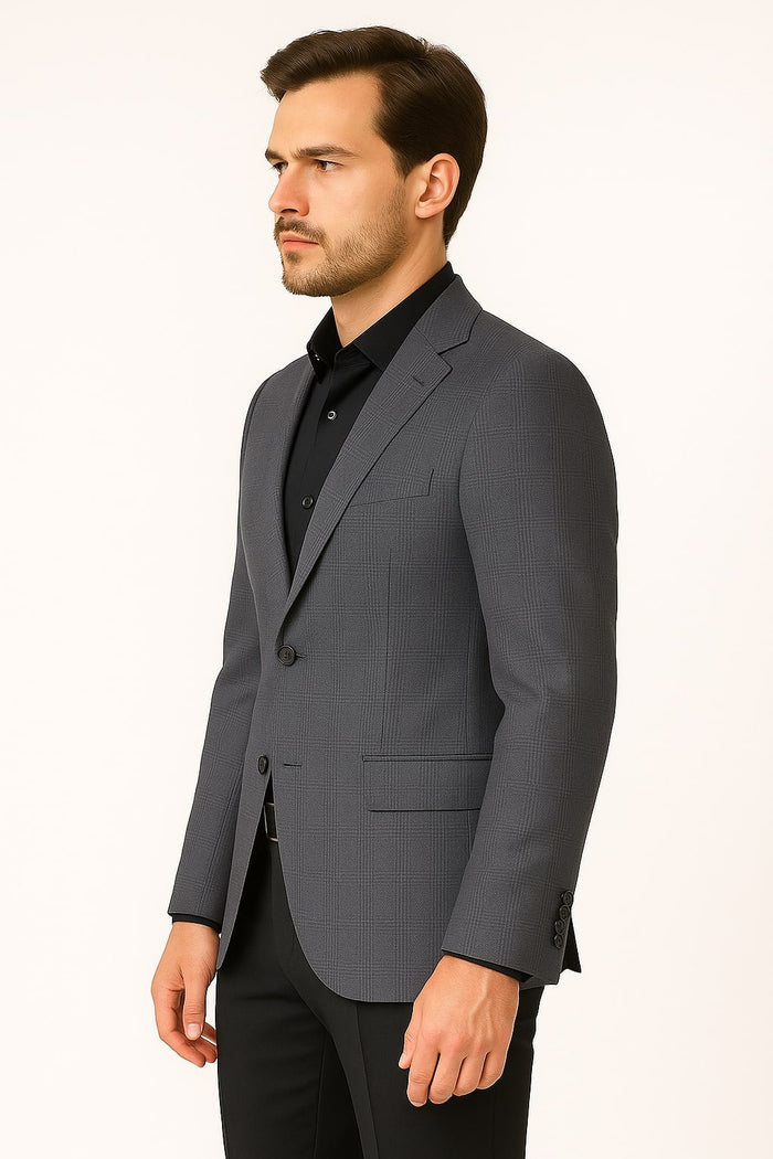 Men's Charcoal Grey Checkered Sport Coat - Classic Plaid Windowpane Pattern Blazer by USA Men's Outlet