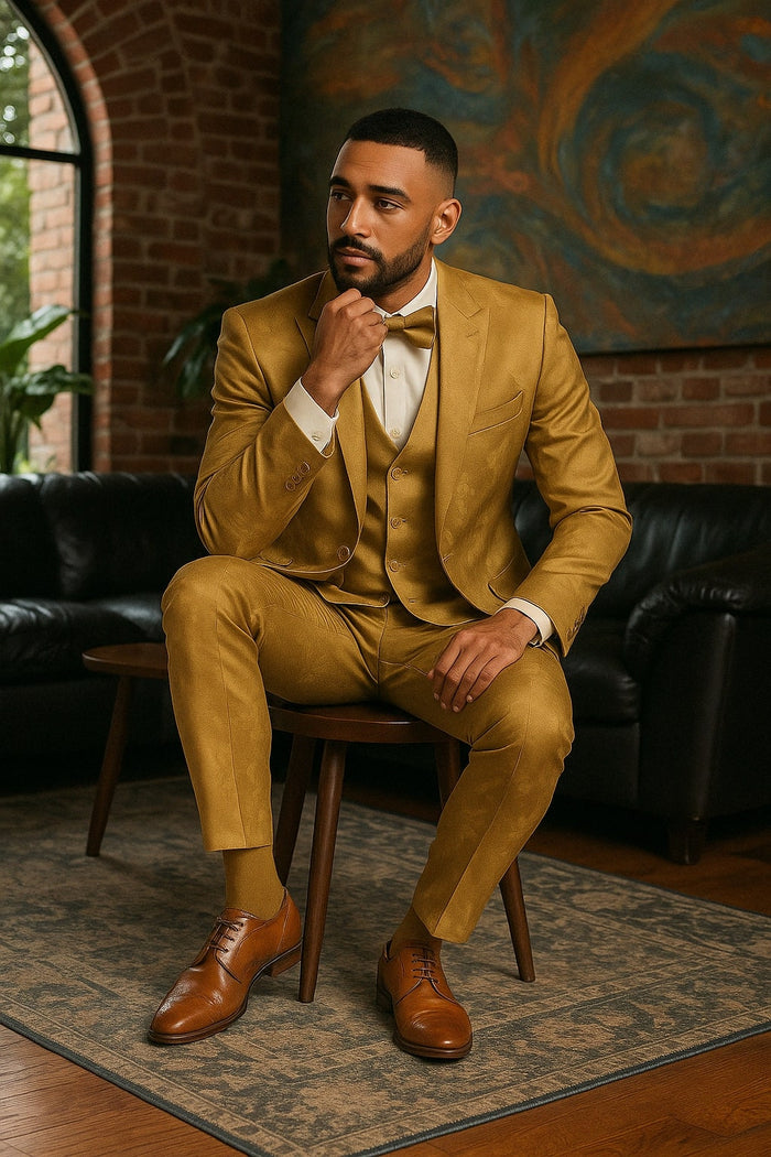 Men's Gold Floral Brocade Three-Piece Suit with Vest and Bow Tie by USA Men's Outlet
