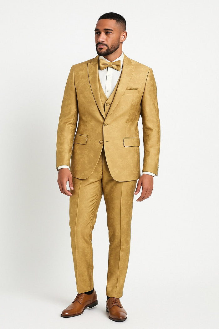 Men's Gold Floral Brocade Three-Piece Suit with Vest and Bow Tie by USA Men's Outlet