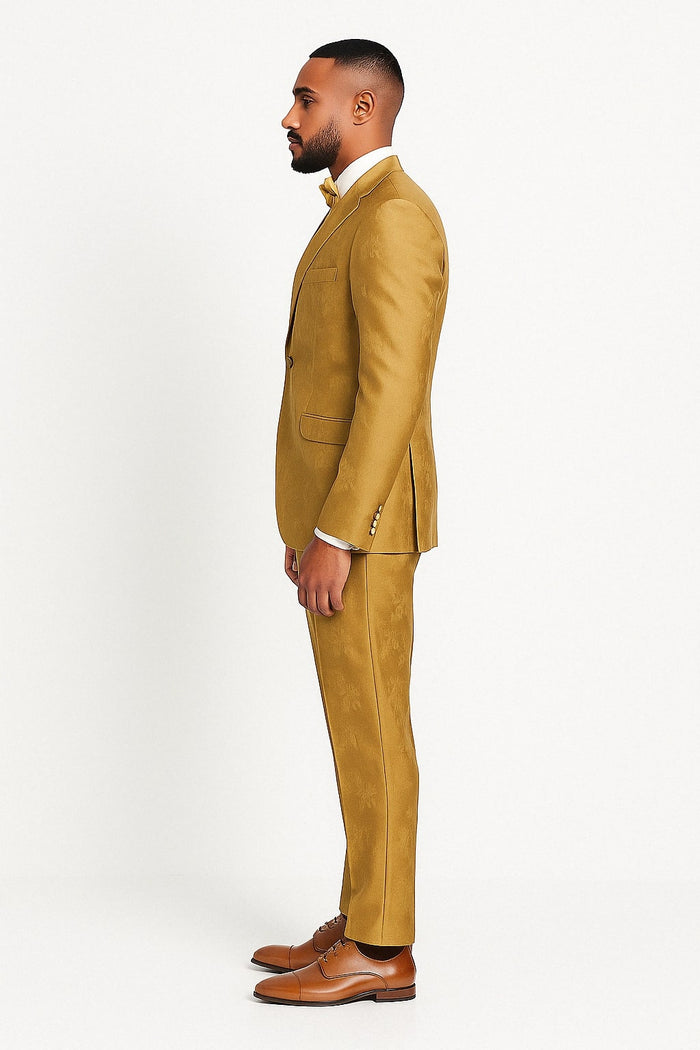Men's Gold Floral Brocade Three-Piece Suit with Vest and Bow Tie by USA Men's Outlet