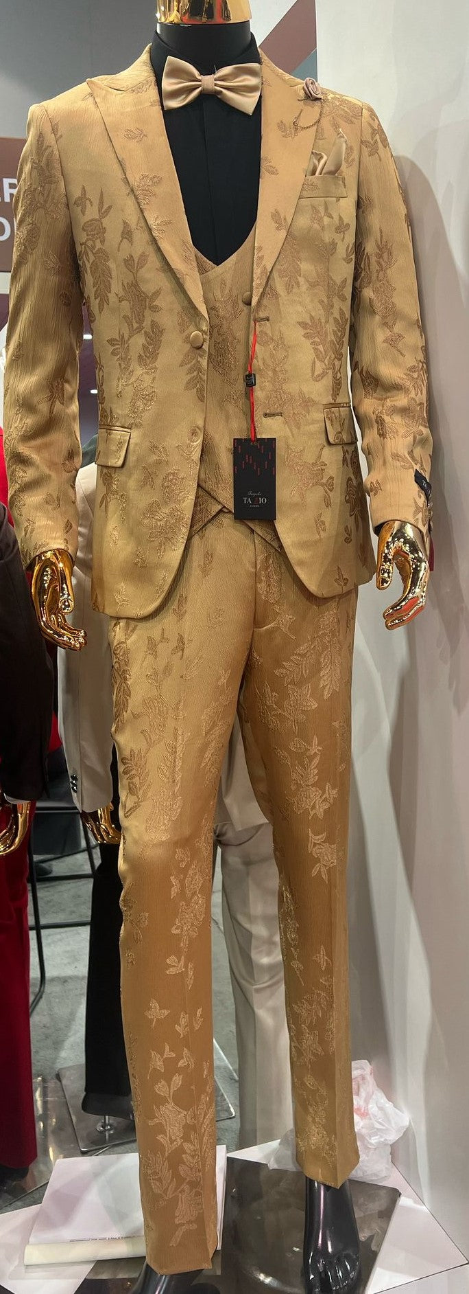 Men's Gold Floral Brocade Three-Piece Suit with Vest and Bow Tie by USA Men's Outlet